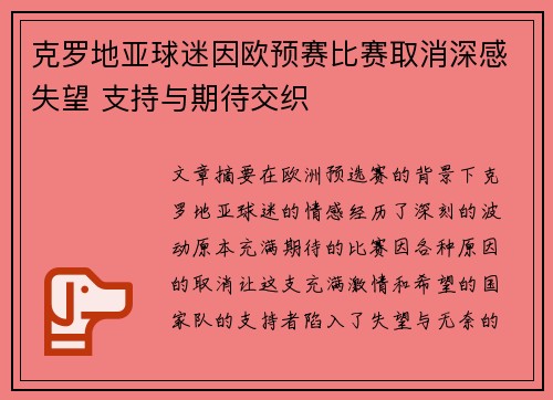 克罗地亚球迷因欧预赛比赛取消深感失望 支持与期待交织