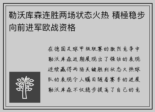 勒沃库森连胜两场状态火热 積極稳步向前进军欧战资格